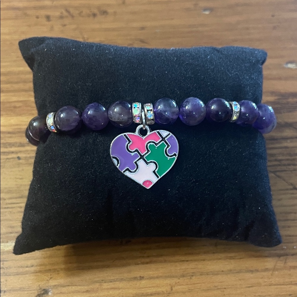 Purple Beaded Bracelet with Heart Charm
